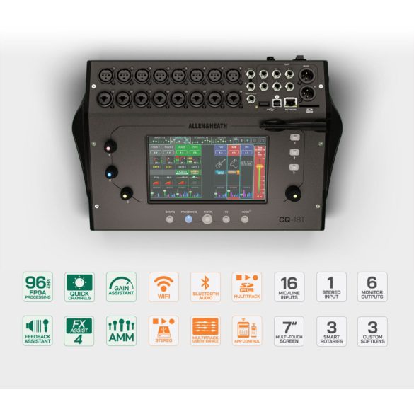 Allen&Heath CQ18T 18csatornás digitális keverőpult, dedikált Wi-Fi antenna, 16mikrofon/vonal bemenettel lokálisan, 6Mix + LR kimenet, 4FX, Bluetooth bemenet, SD kártya/USB felvételi lehetőség
