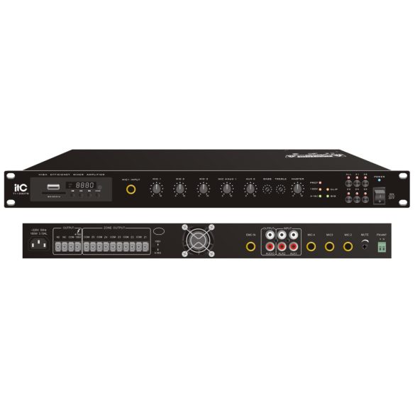 ITC TB240DTB Digitális Keverőerősítő USB/SD/TUNER/Bluetooth, 4 mic (phoenix), 2 AUX, fantom táp, REC funkció, 240W 100V/4 ohm, 1U